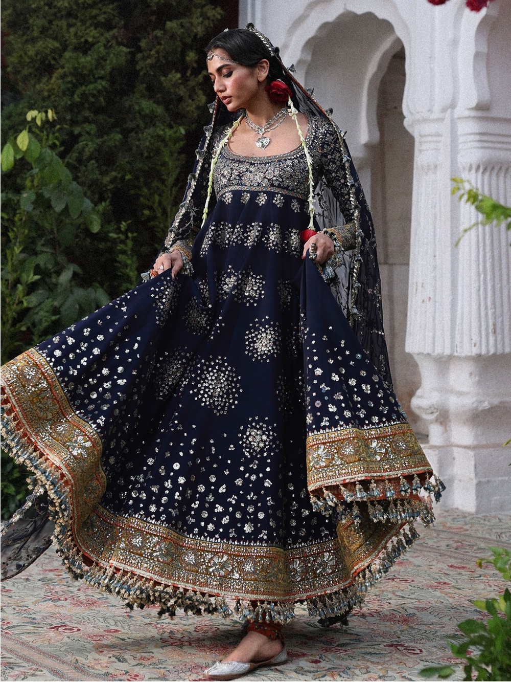 New Hussain Rehar Navy pishwas raw silk Anarkali dress set